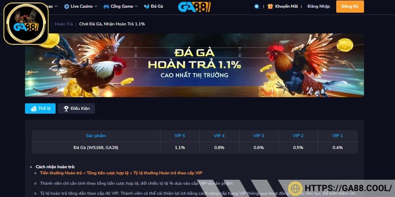 VIP 5 nhận hoàn đá gà 1.1% mỗi ngày